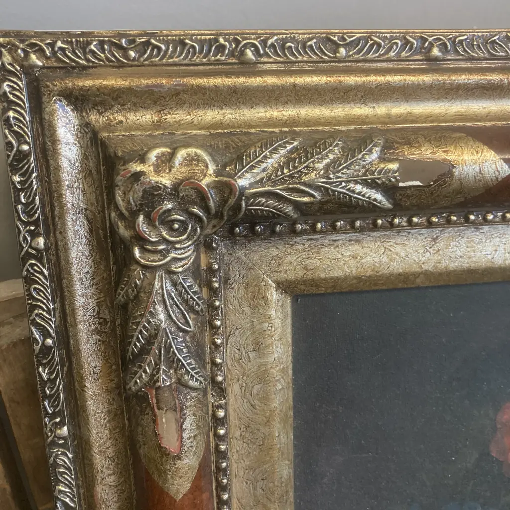 Oil Painting On Canvas of Flowers With Ornate Gilt Frame (AF) 69 x 59cm Image 1++