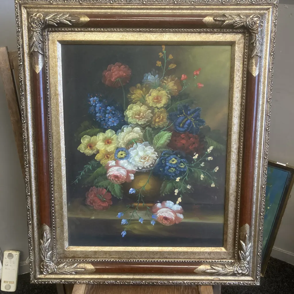 Oil Painting On Canvas of Flowers With Ornate Gilt Frame (AF) 69 x 59cm Image 1++