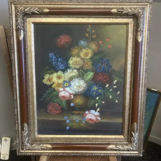 Oil Painting On Canvas of Flowers With Ornate Gilt Frame (AF) 69 x 59cm