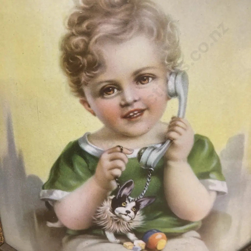 Vintage 1930s Colour Print Boy Talking On A Phone With His Dog, Metal Embossed Frame With Cardboard Backing, 21 x 16cm Image 1++