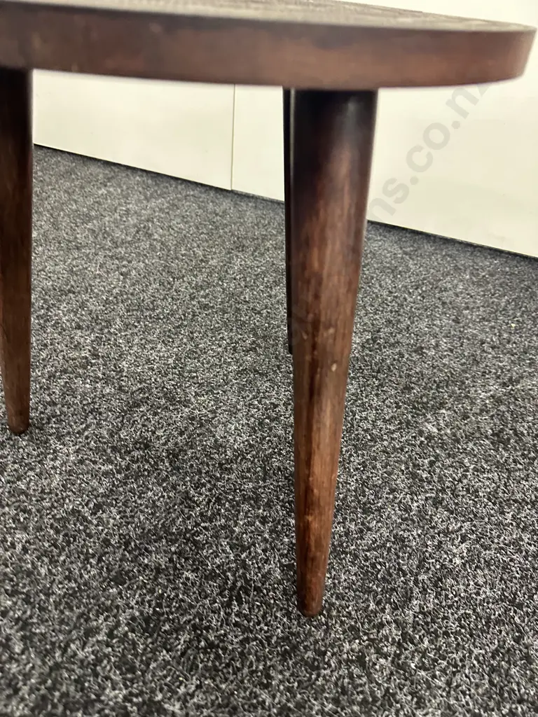 Retro Vintage Round Occasional Table. Native New Zealand Carved, Tri Legged With Paua Inlay, 40 x 40cm Image 1++