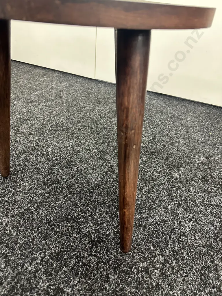 Retro Vintage Round Occasional Table. Native New Zealand Carved, Tri Legged With Paua Inlay, 40 x 40cm Image 1++