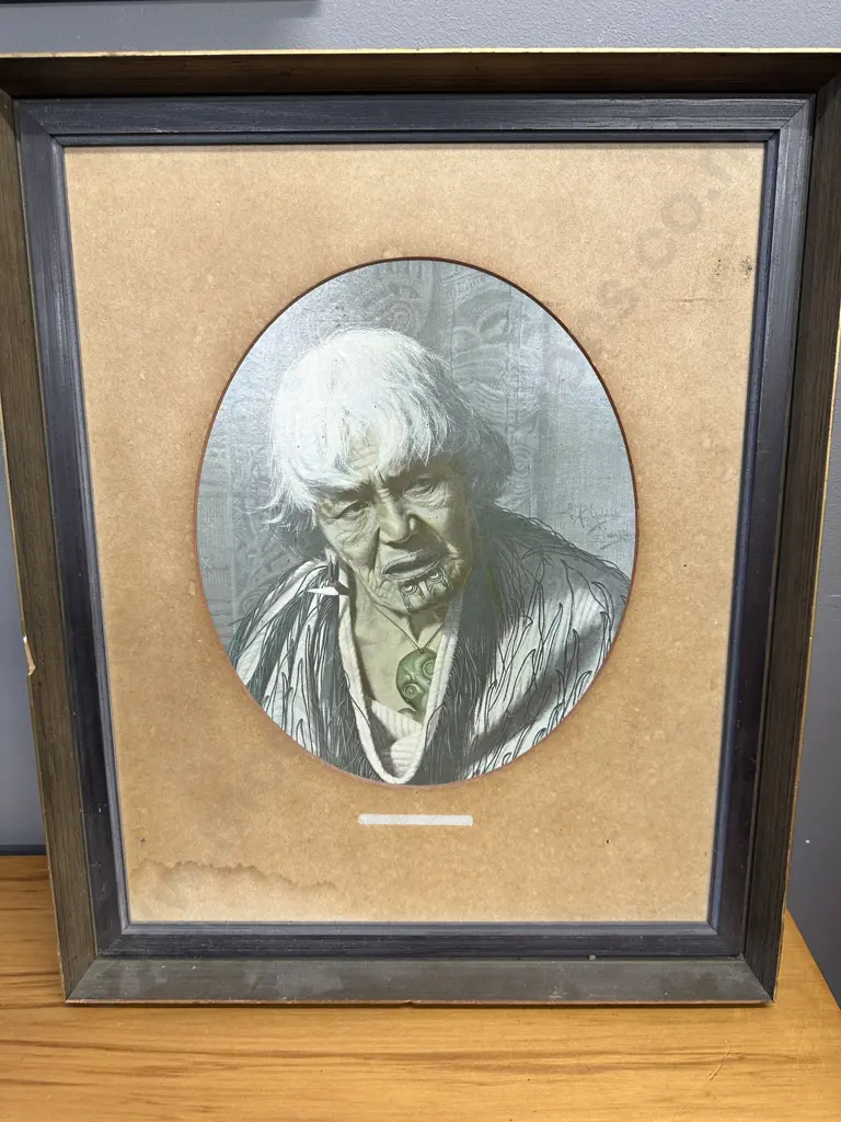 Framed C. F Goldie Print "A Maori Chieftainess (Harata Rewiri Tarapata,1831-1913) 57 x 47cm (af to frame) Image 1++