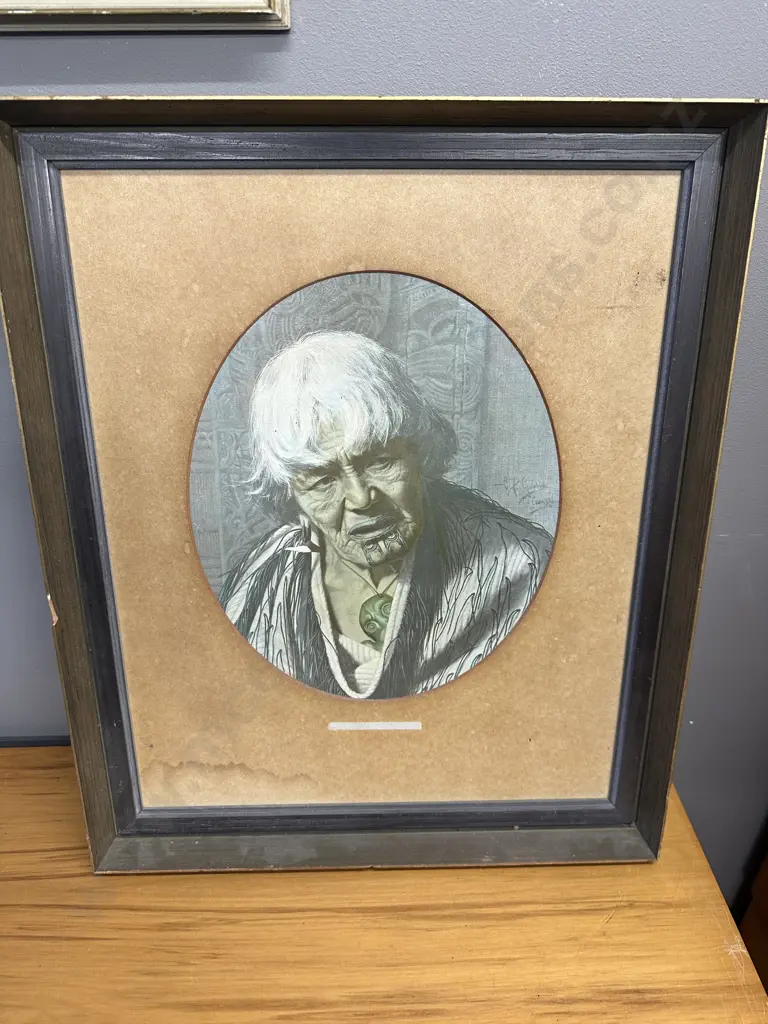 Framed C. F Goldie Print "A Maori Chieftainess (Harata Rewiri Tarapata,1831-1913) 57 x 47cm (af to frame) Image 1++