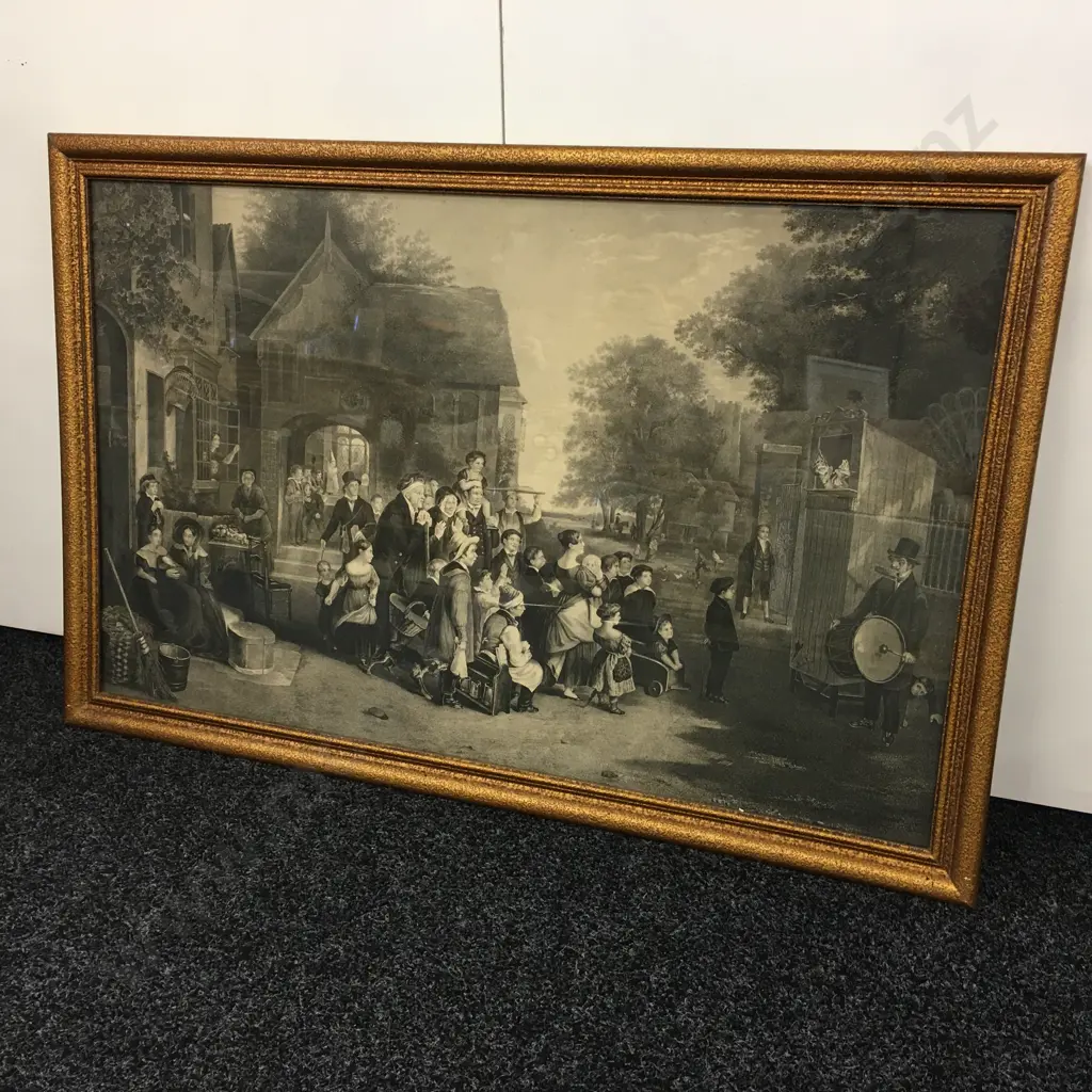 Large Thomas Webster Framed Print "Punch" c1840. Ornate Gilded Frame. 64.5 x 99cm incl Frame Image 1++