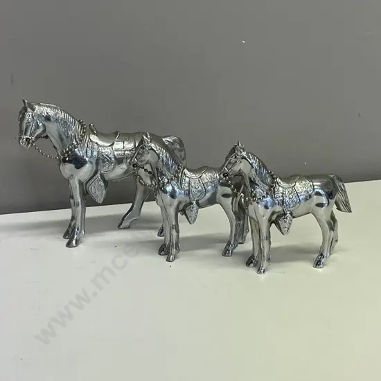Trio of Decorative Silverene Metal Horse Ornaments