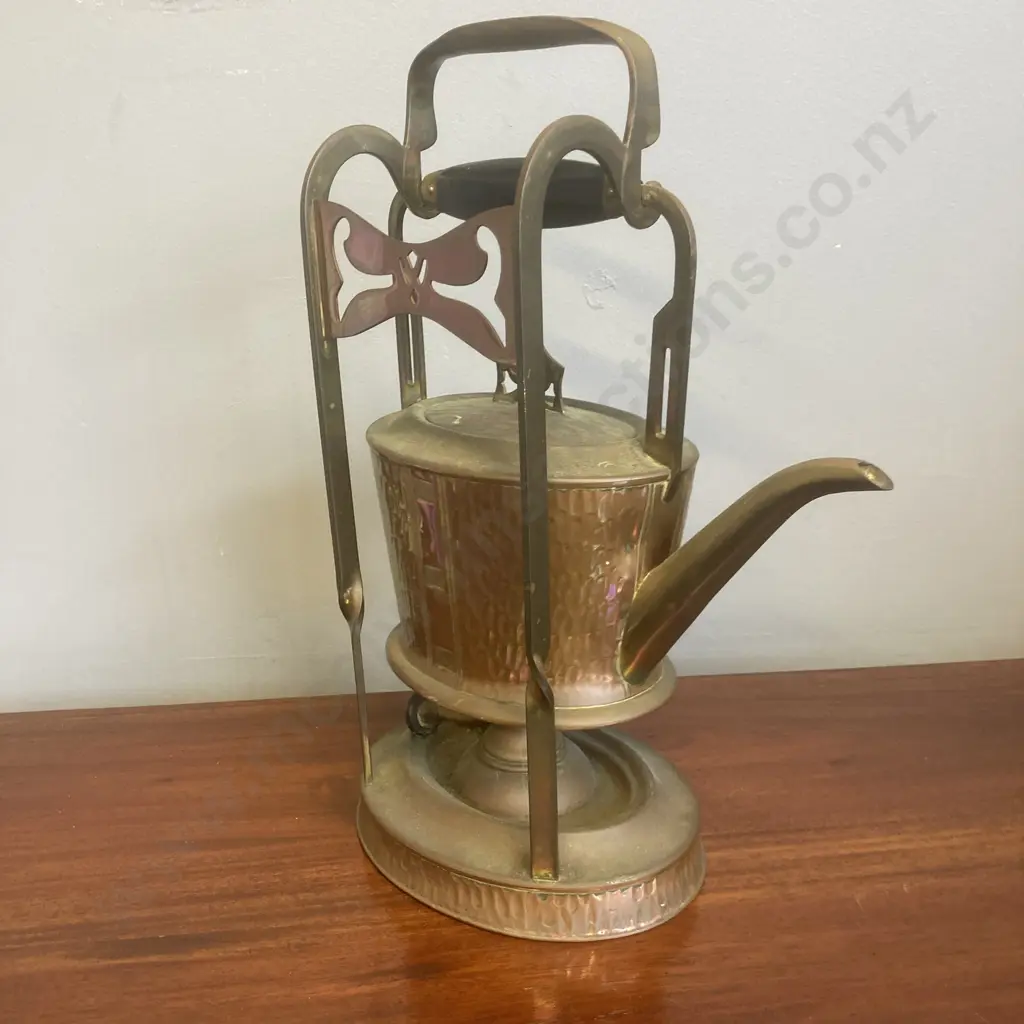 Antique Hammered Copper & Brass Teapot With Warmer Stand, Bavaria Stamped On Base, H34cm Image 1++