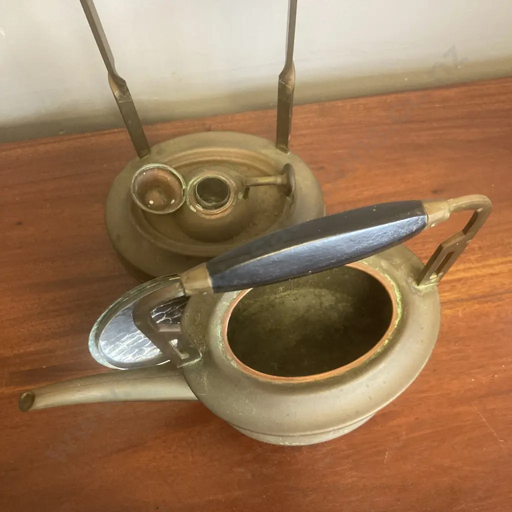 Antique Hammered Copper & Brass Teapot With Warmer Stand, Bavaria Stamped On Base, H34cm Image 1++