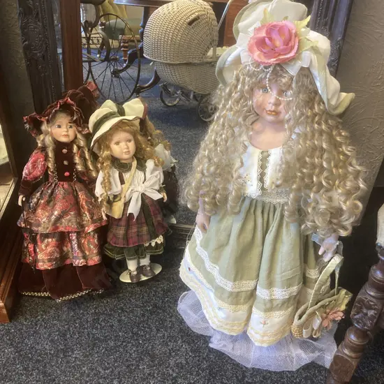 'Haley' 71cm Tall Porcelain Doll With Stand & Pair of Porcelain Dolls With Stands