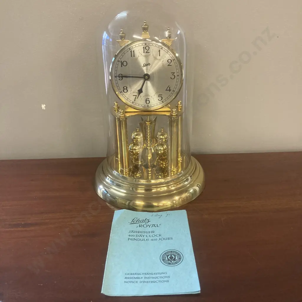 Mid Century West German Schatz "Royal" Electronic 400 Day Clock With Glass Dome & Original Instructions, H30cm Image 1++
