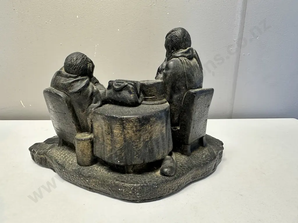 Vintage Black Sculpture Couple Warming Feet in Barrel, 17 x 27cm Image 1++