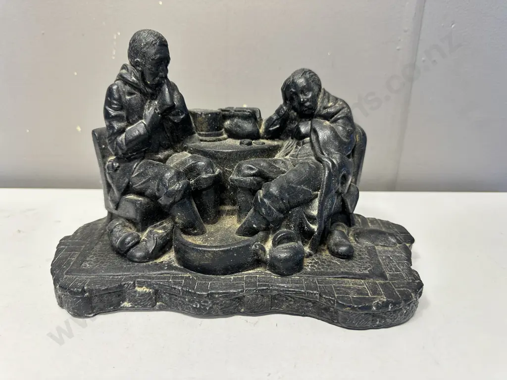 Vintage Black Sculpture Couple Warming Feet in Barrel, 17 x 27cm Image 1++