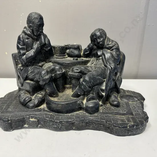 Vintage Black Sculpture Couple Warming Feet in Barrel, 17 x 27cm