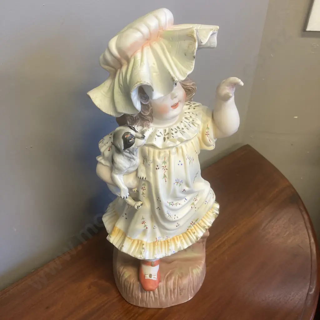 Vintage Antique Bisque Porcelain Figural Statue Of a Girl With Her Dog, 1880 Mark At Base, H45cm Image 1++