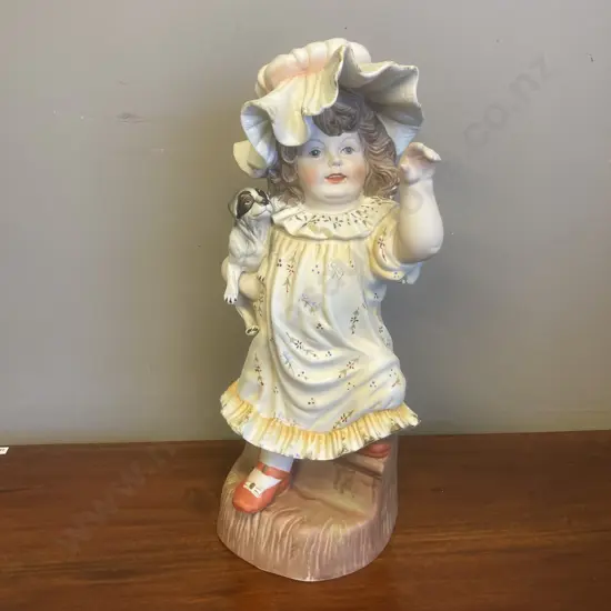 Vintage Antique Bisque Porcelain Figural Statue Of a Girl With Her Dog, 1880 Mark At Base, H45cm