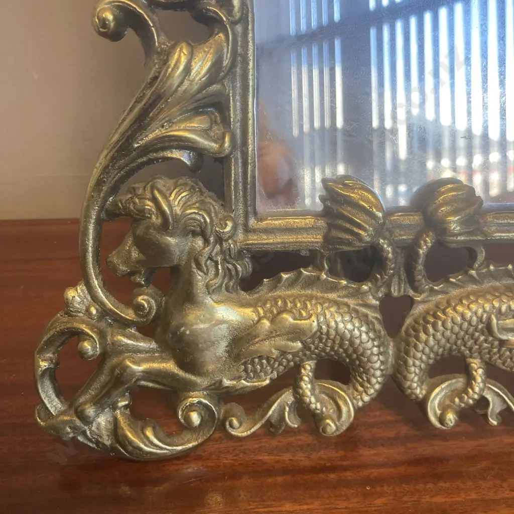 Victorian Ornate Brass Plated Cast Iron Picture Frame / Mirror With Cherubs & Mythical Creatures, 34.5 x 26cm Image 1++
