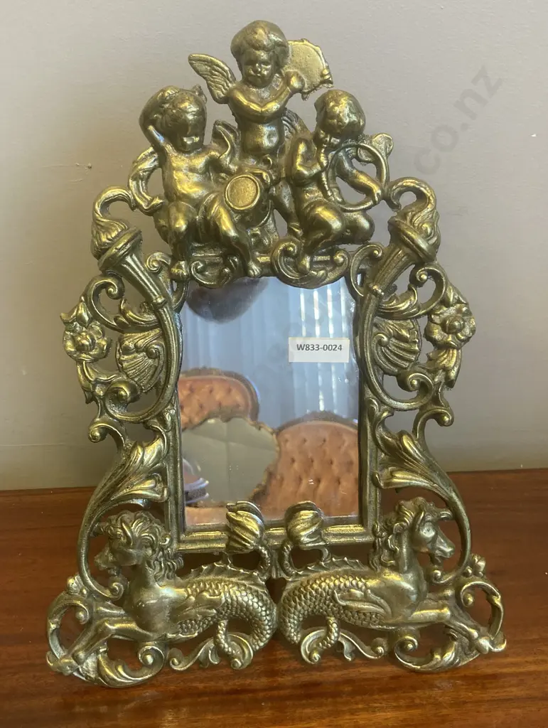 Victorian Ornate Brass Plated Cast Iron Picture Frame / Mirror With Cherubs & Mythical Creatures, 34.5 x 26cm Image 1++