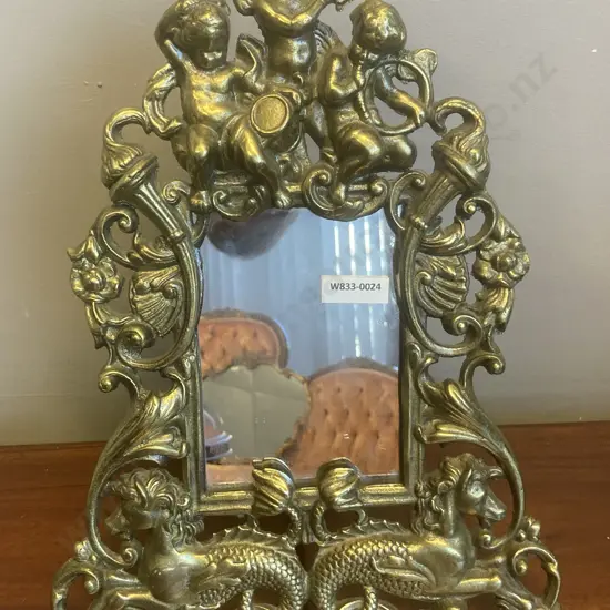 Victorian Ornate Brass Plated Cast Iron Picture Frame / Mirror With Cherubs & Mythical Creatures, 34.5 x 26cm