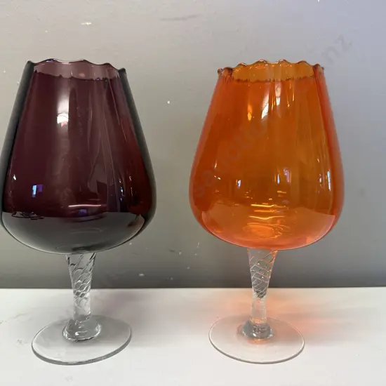 Pair of Brandy Balloon Glasses, Orange & Amethyst