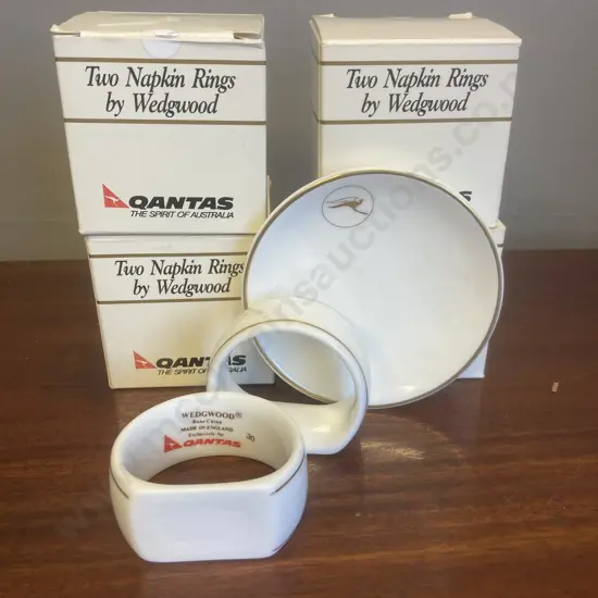 Lot of 4 Pairs of Wedgewood Bone China Qantas Napkin Rings With Original Boxes & Small Qantas Pin Dish