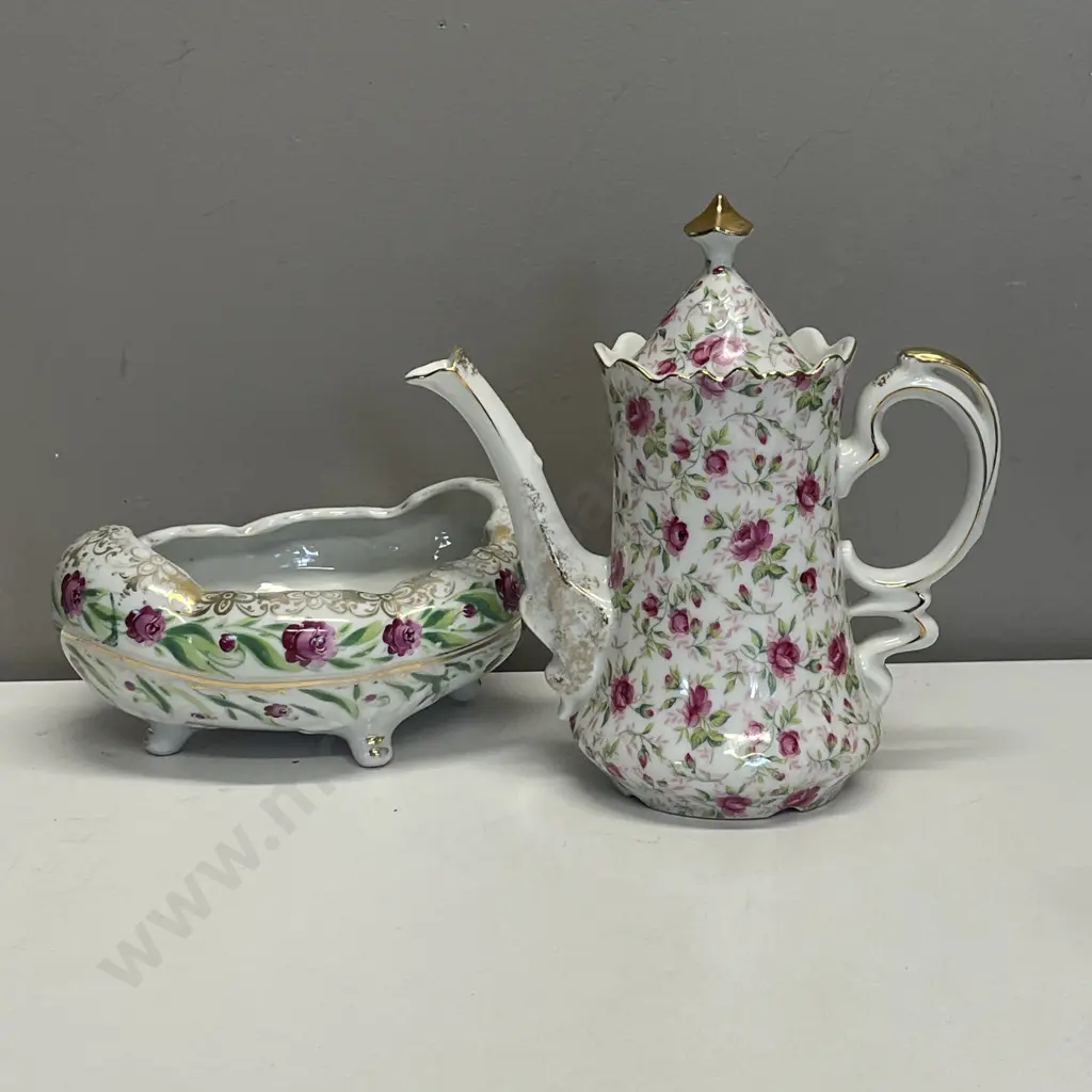 Vintage Gainsborough Rose Coffee Pot with 4 footed Decorative Bowl Image 1++