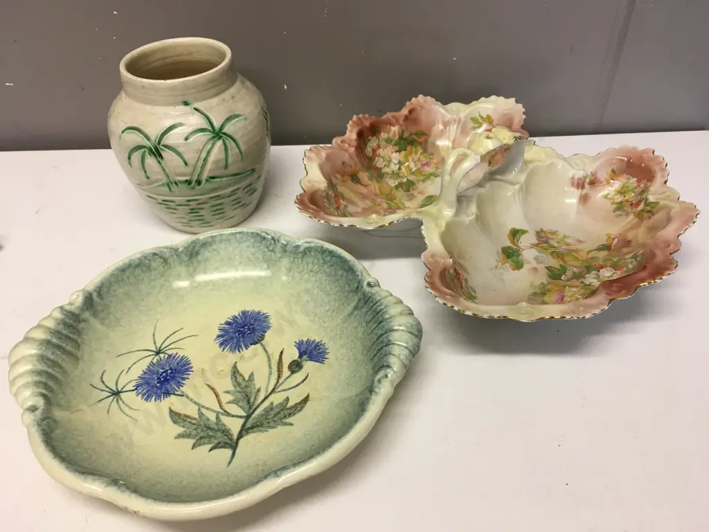 Vintage China Items, West German Dish, Australian Double Handled Bowl, Vase Palm Detail Image 1++