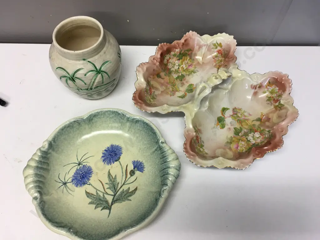 Vintage China Items, West German Dish, Australian Double Handled Bowl, Vase Palm Detail Image 1++