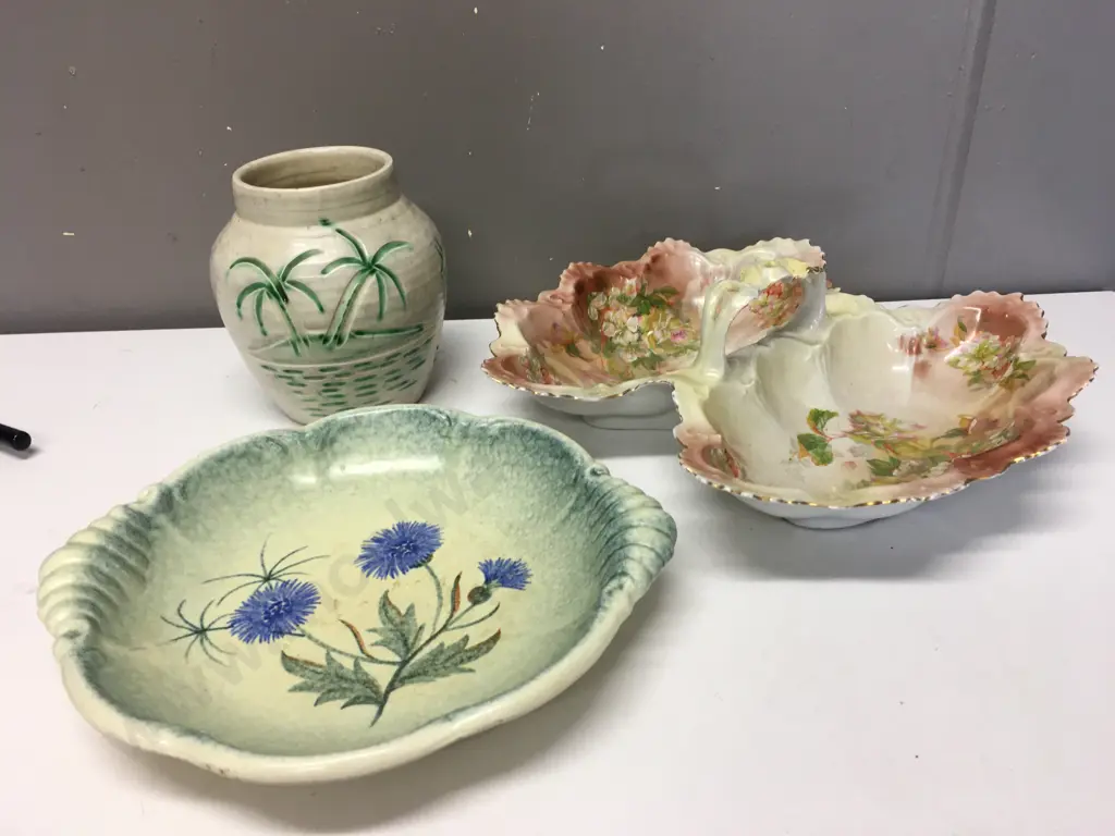 Vintage China Items, West German Dish, Australian Double Handled Bowl, Vase Palm Detail Image 1++