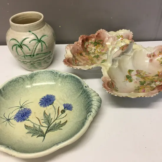 Vintage China Items, West German Dish, Australian Double Handled Bowl, Vase Palm Detail