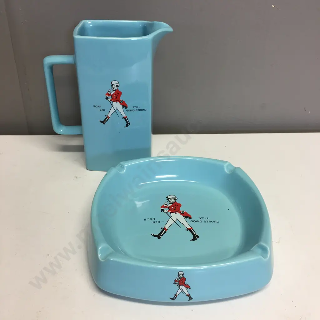 Vintage Teal Blue Johnnie Walker Water Jug & Ashtray, Wade PDM Ceramic Image 1++