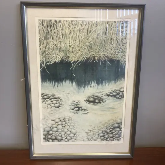 Framed Watercolour by Marion Laurence 78 of a Stoney Creek Bed scene, 49 x 35cm