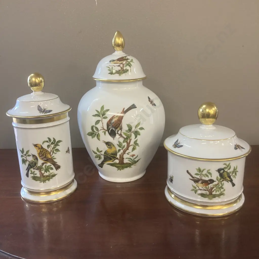Kaiser West Germany Tiergarten Porcelain Bird Lidded Ginger Jar & 2 Lidded Containers Image 1++