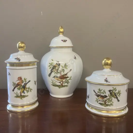 Kaiser West Germany Tiergarten Porcelain Bird Lidded Ginger Jar & 2 Lidded Containers