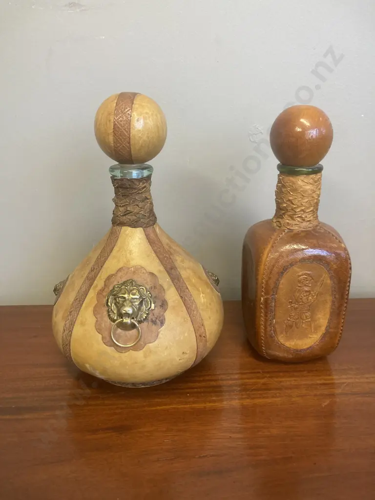 Pair of Vintage Mid Century Italian Leather Wrapped Glass Decanters Image 1++