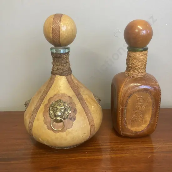 Pair of Vintage Mid Century Italian Leather Wrapped Glass Decanters