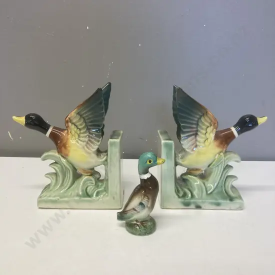 Vintage 1950s Weighted Porcelain Flying Ducks Bookends, & Small Duck Figurine