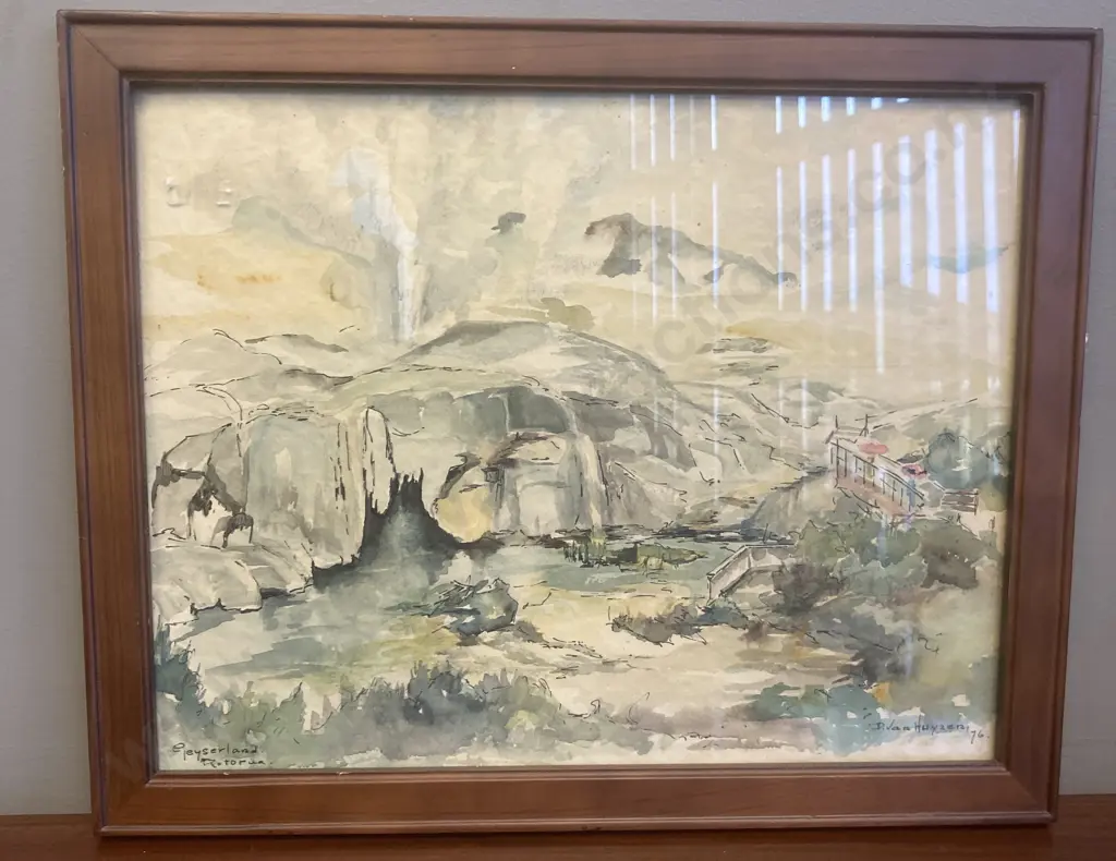 Framed Watercolour "Geyserland Rotorua" by D.Van Huyzen '76, 32 x 40cm Image 1++