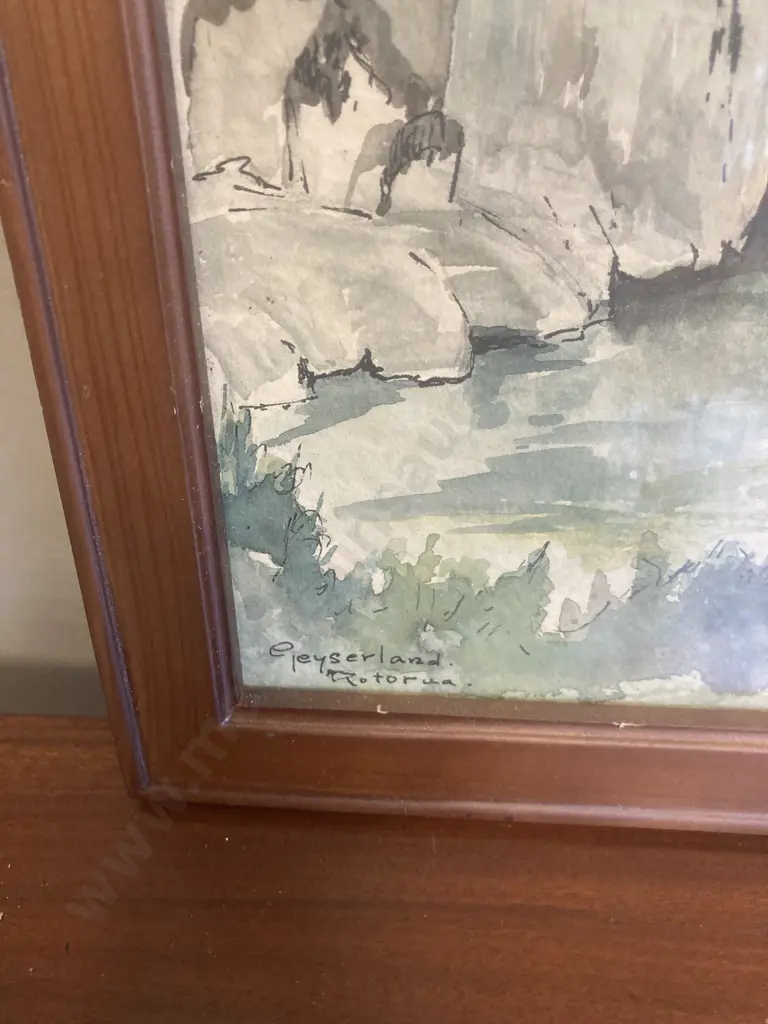 Framed Watercolour "Geyserland Rotorua" by D.Van Huyzen '76, 32 x 40cm Image 1++