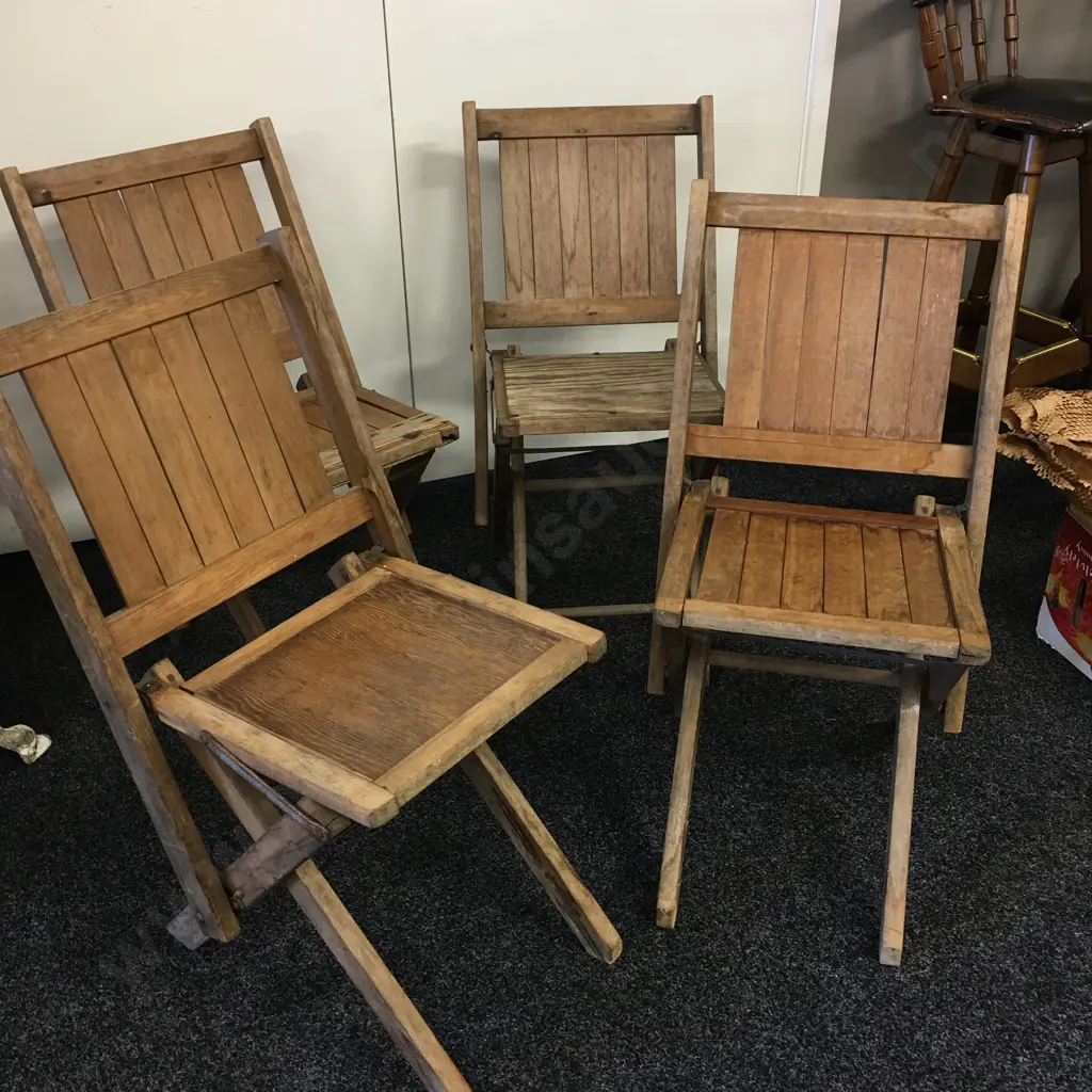 Set of 4 Folding Wooden Antique Chairs Stamped G.S.C (Ex Gisborne Social Club) Image 1++