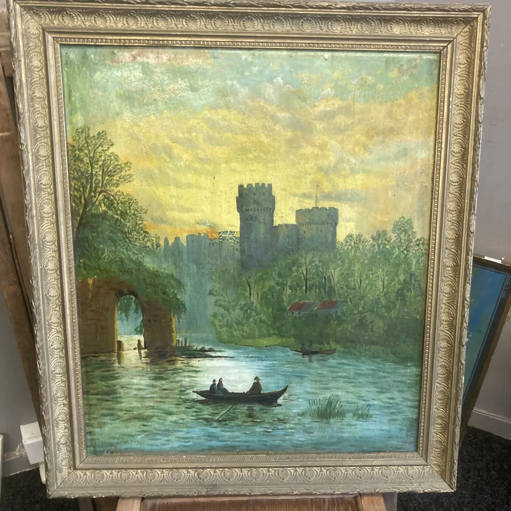 Oil Painting On Canvas Vintage River & Castle Scene With Ornate Gilt Frame, 61 x 55cm Image 1++
