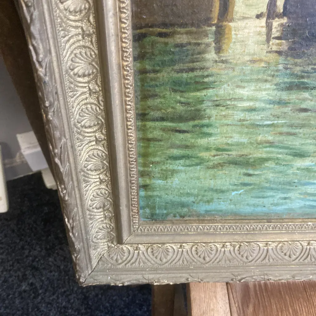 Oil Painting On Canvas Vintage River & Castle Scene With Ornate Gilt Frame, 61 x 55cm Image 1++