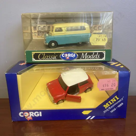 Vintage Corgi 1/36 Scale Mini 30th Anniversary 1959-1989 Flame C330/4  & Corgi Classic Models Bedford CA Dormobile D982