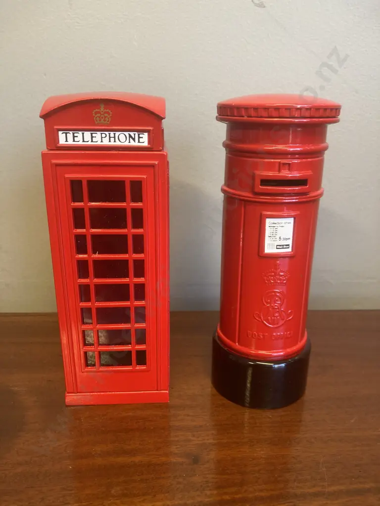 Red Metal Money Boxes - British Post Box & Telephone Box, H15cm Image 1++