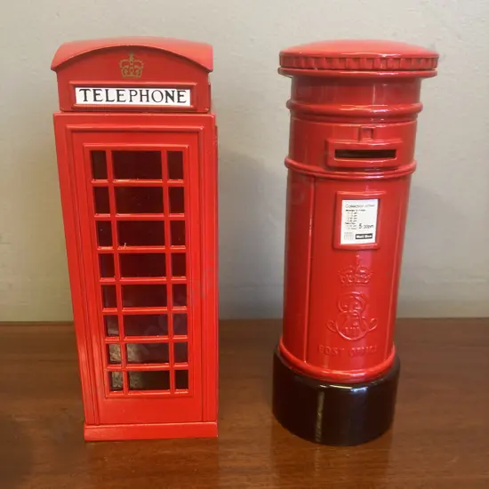 Red Metal Money Boxes - British Post Box & Telephone Box, H15cm