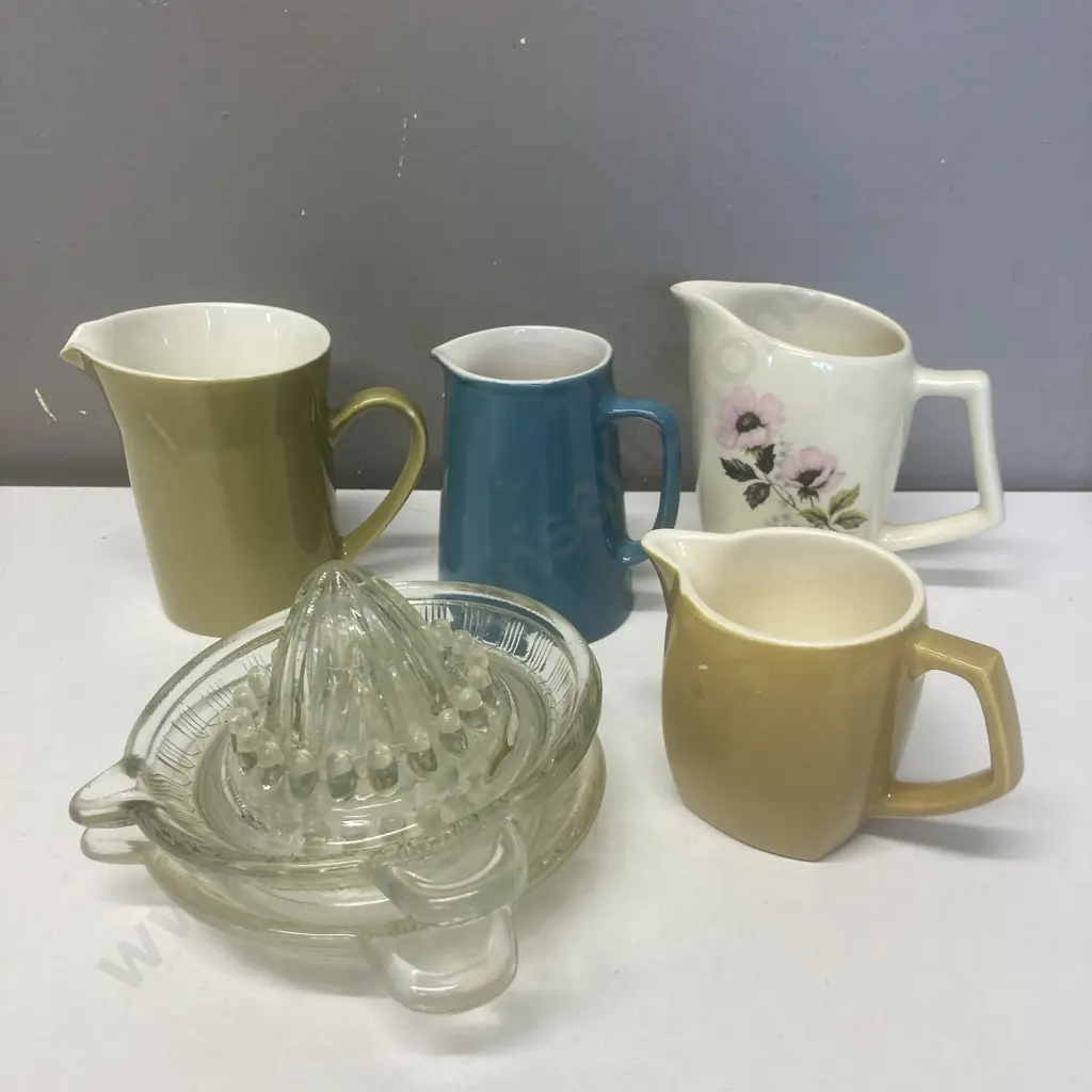 Lot of 4 NZ Made Jugs - 3 x Crown Lynn, Titan & Pair of Vintage Glass Citrus Juicers Image 1++