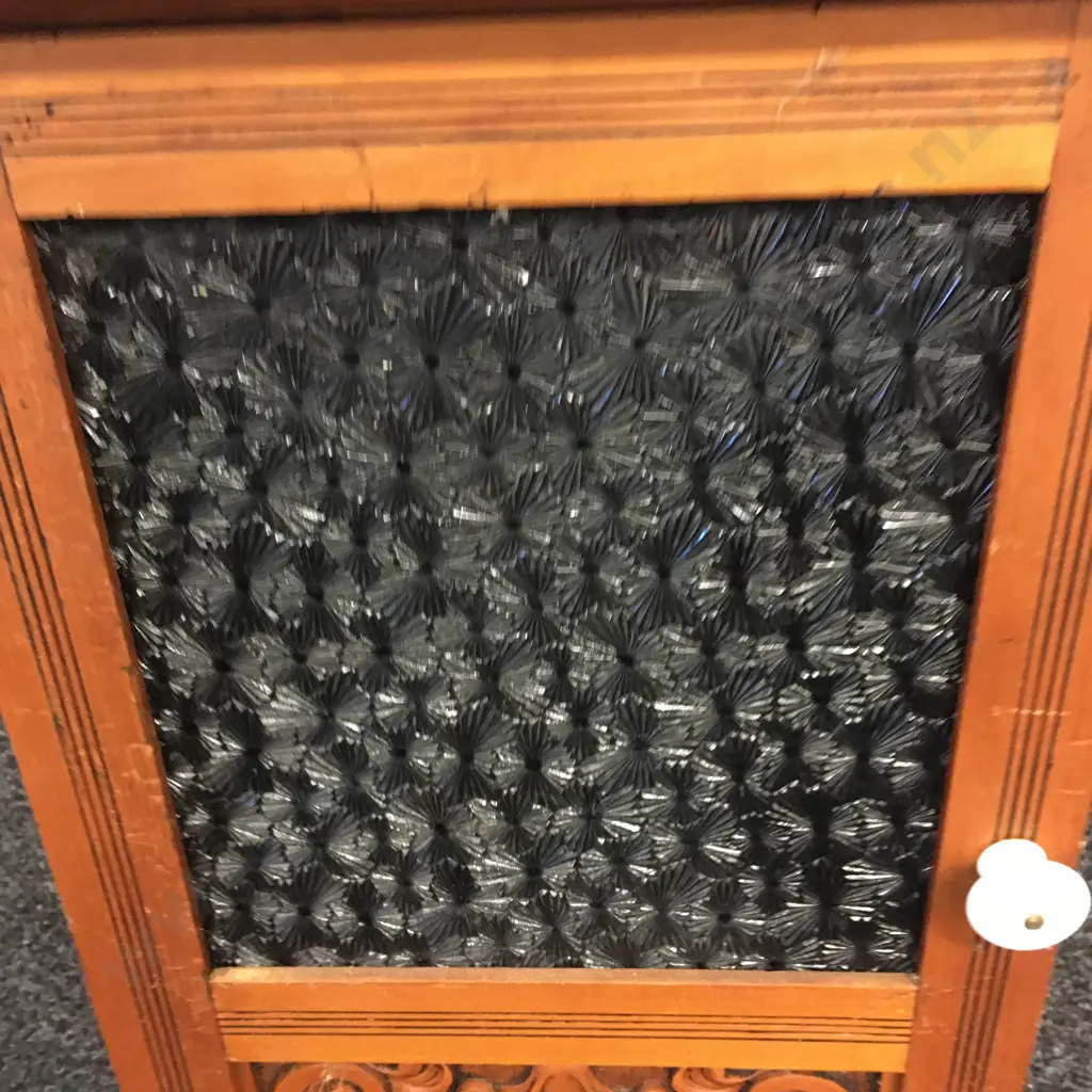 Vintage Cabinet With Muranese Patterned Glass Door , Ornate Carved Panel, H58 W49 D39cm Image 1++