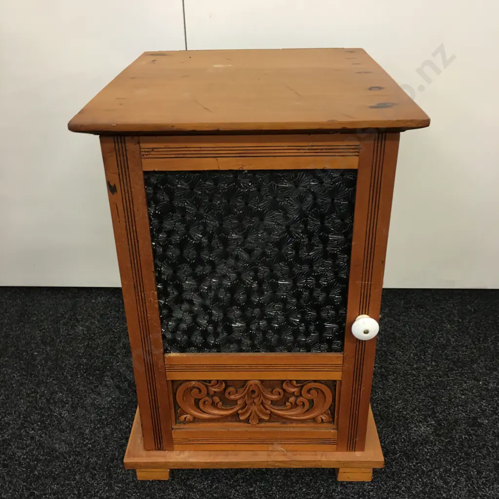 Vintage Cabinet With Muranese Patterned Glass Door , Ornate Carved Panel, H58 W49 D39cm Image 1++