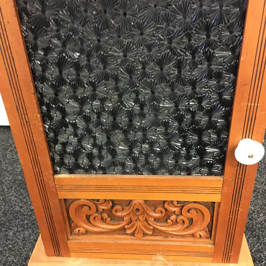 Vintage Cabinet With Muranese Patterned Glass Door , Ornate Carved Panel, H58 W49 D39cm Image 1++