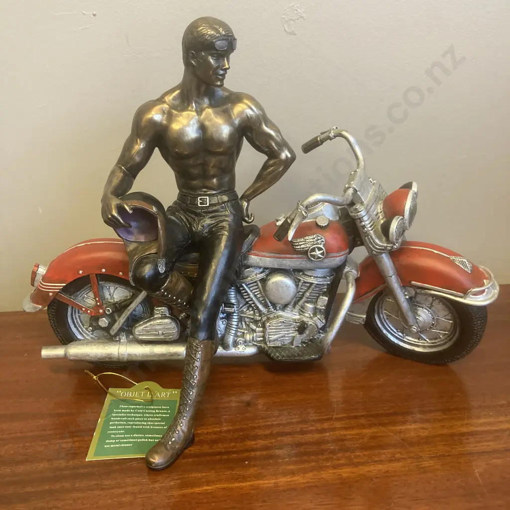 "Objet D'Art" Cold Cast Bronze Figure On Motorbike Sculpture, 23 x 31cm Image 1++