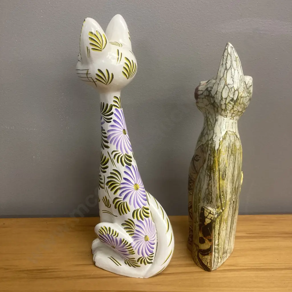 Tall Balinese Folk Art Carved Wooden Cat Sculpture H30cm & Ceramic Hand Painted Cat Sculpture H33cm Image 1++
